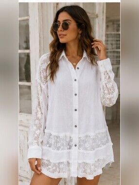 Sewn + Seen White Cotton Gauze Lace Button Down Shirt L Festival Boho Romantic
